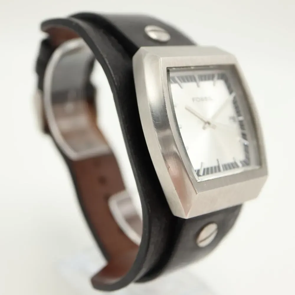 Vintage Fossil Y2k Silver Tone 38mm Date Watch Black Leather Bund w New Battery